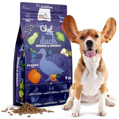 Duck Dry Dog Food with Blueberry and Spinach, 9 kg